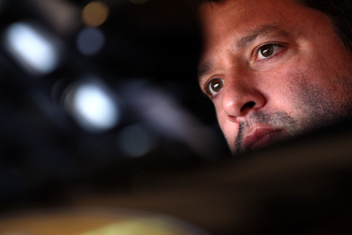 Tony Stewart in his car during a practice run in Fontana back in March.