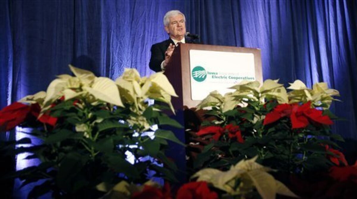 Republican presidential hopeful former House Speaker Newt Gingrich speaks at the annual meeting of the Iowa Association of Electric Cooperatives, Thursday, Dec. 1, 2011, in West Des Moines, Iowa. (AP Photo/Charlie Neibergall)