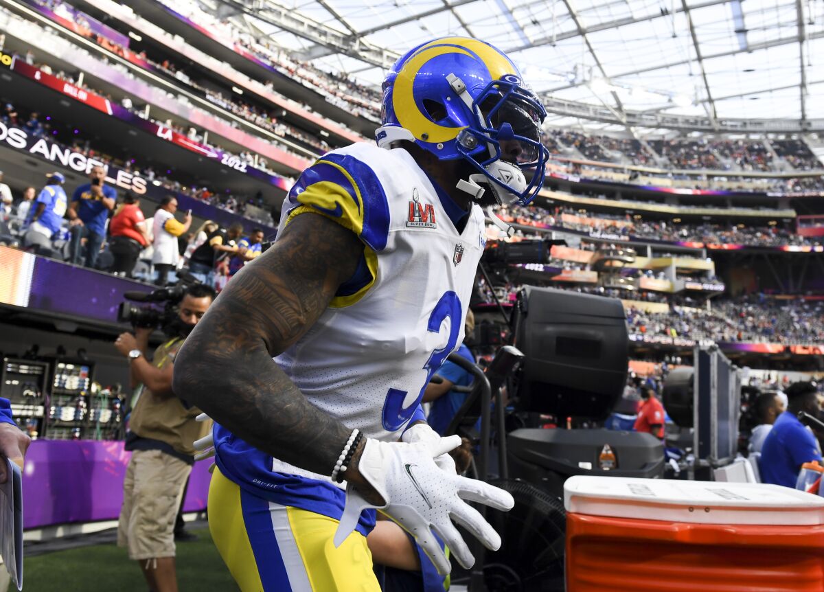 Rams wide receiver Odell Beckham Jr. makes his way to the field during pregame warmups before Super Bowl LVI.