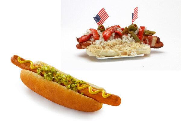Chris Erskine's power hitter Dodger Dog, top right, compared with the typical Dodger Dog. Click to the next image to learn how to make the souped-up Dodger Dog.