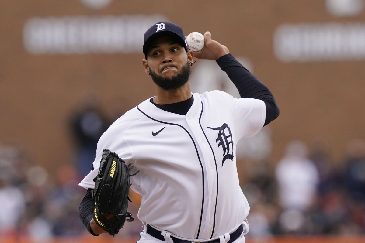 Detroit Tigers starting pitcher Eduardo Rodriguez throws during the first inning of a baseball game against the Chicago White Sox, Friday, April 8, 2022, in Detroit. (AP Photo/Carlos Osorio)