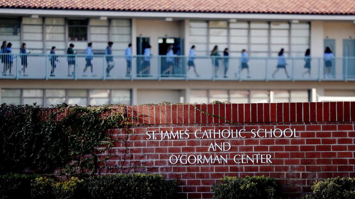 Exterior of St. James Catholic School in Torrance. Two nuns allegedly embezzled at least $500,000 from the school and were known to frequent casinos, according to an attorney for the Archdiocese of Los Angeles.