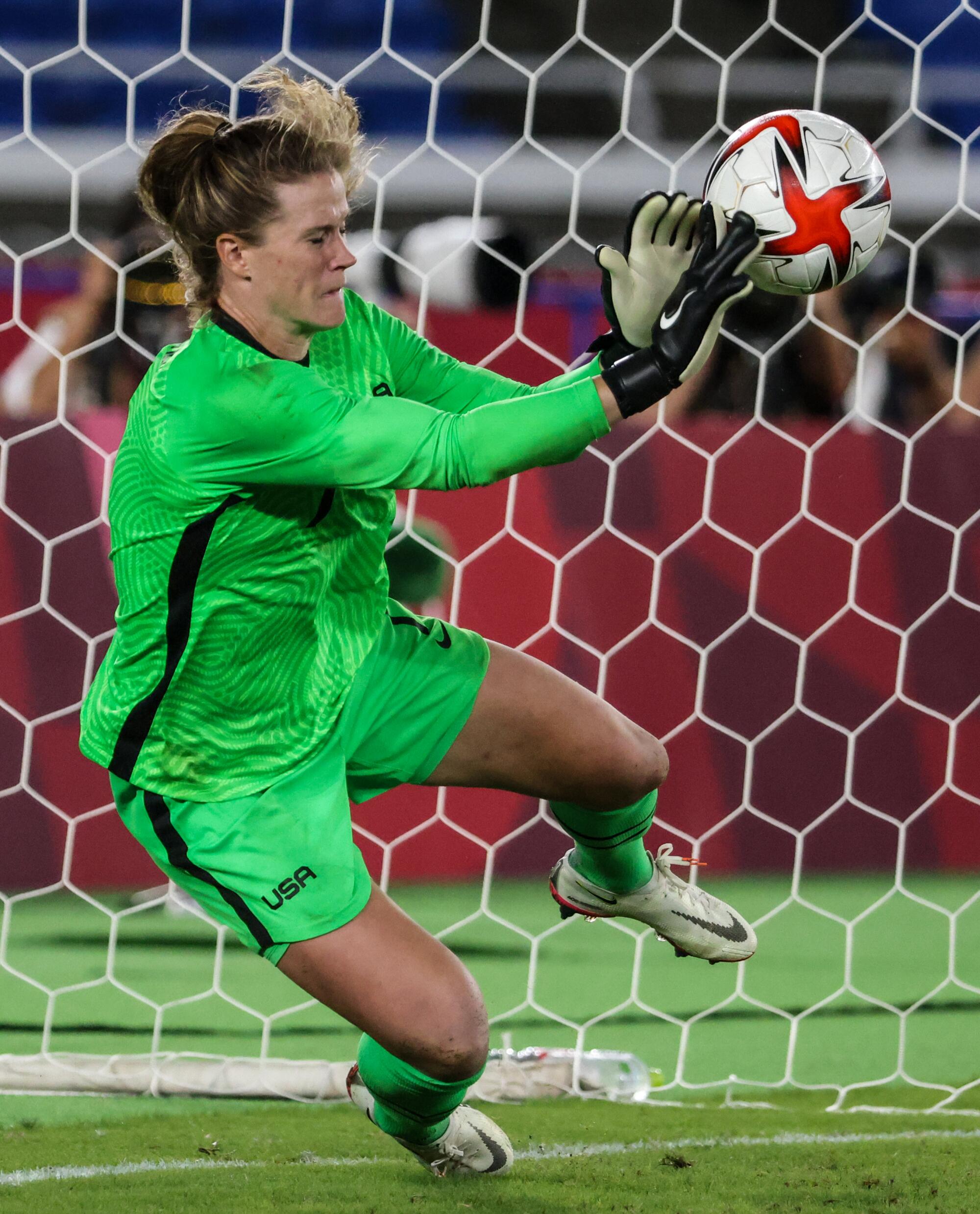 U.S. goalkeeper Alyssa Naeher blocks a shot during a shootout victory over the Netherlands at the Tokyo Olympics in 2021.
