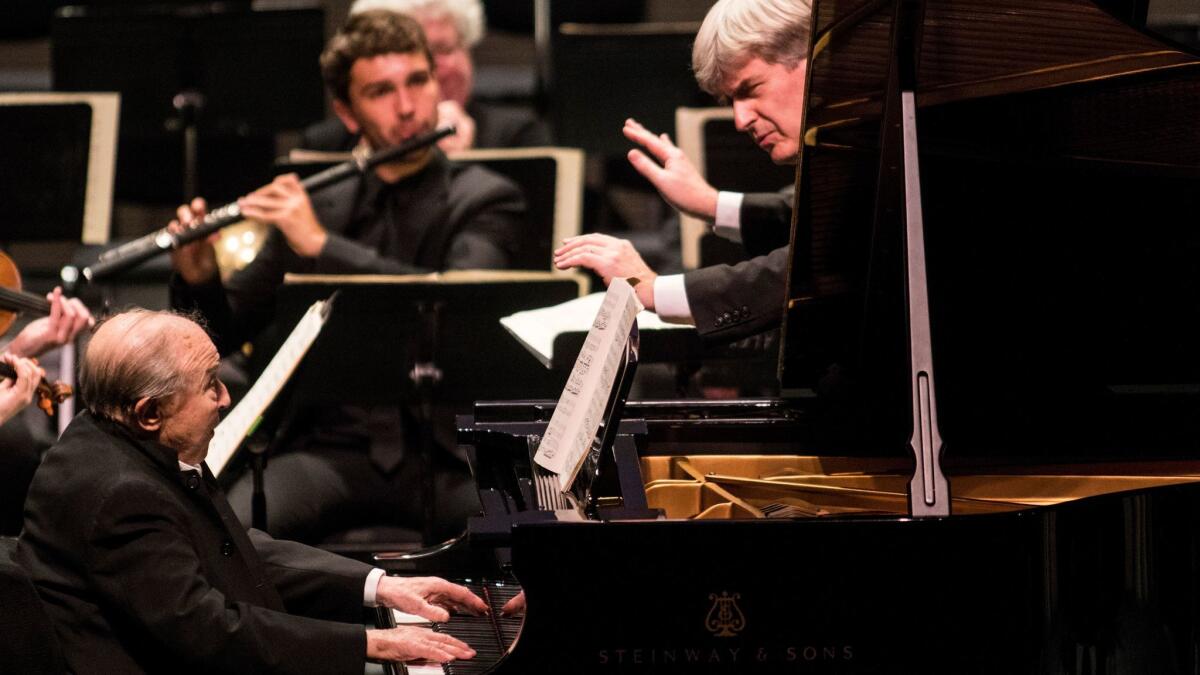 Ninety-four-year-old pianist Menahem Pressler is the soloist with the Los Angeles Chamber Orchestra, conducted by Thomas Dausgaard at the Alex Theatre in Glendale Tuesday night.