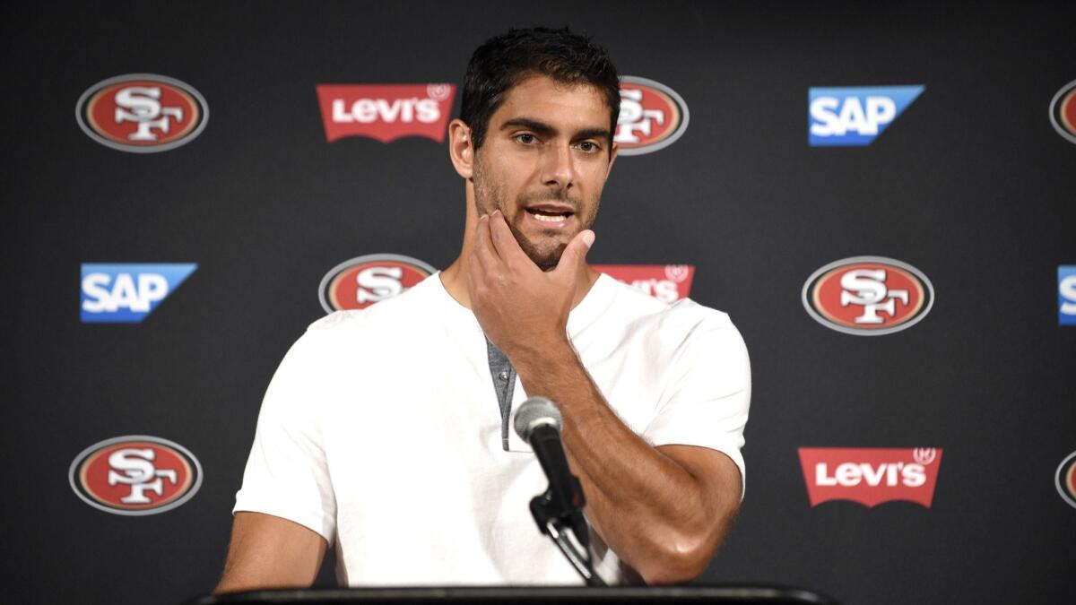 San Francisco 49ers quarterback Jimmy Garoppolo speaks during a news conference after a preseason NFL football game against the Houston Texans Saturday, Aug. 18, 2018, in Houston. The Texans won 16-13. (AP Photo/Eric Christian Smith)