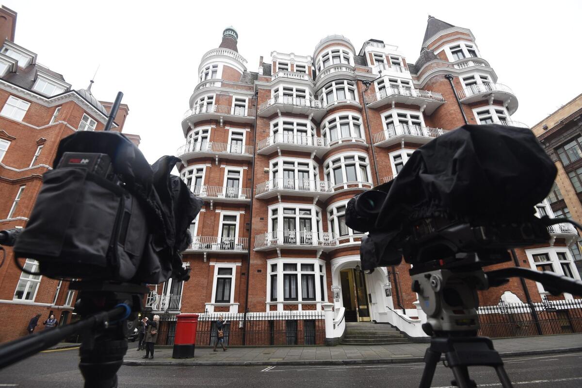 Members of the media set up outside the Ecuadorian embassy in London, where Julian Assange has sought political asylum.