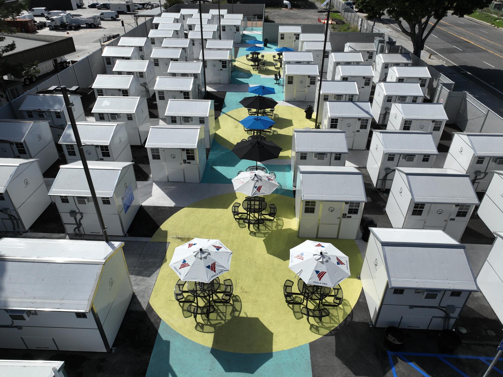 Aerial view of the new Boyle Heights Tiny Home Village in Boyle Heights.