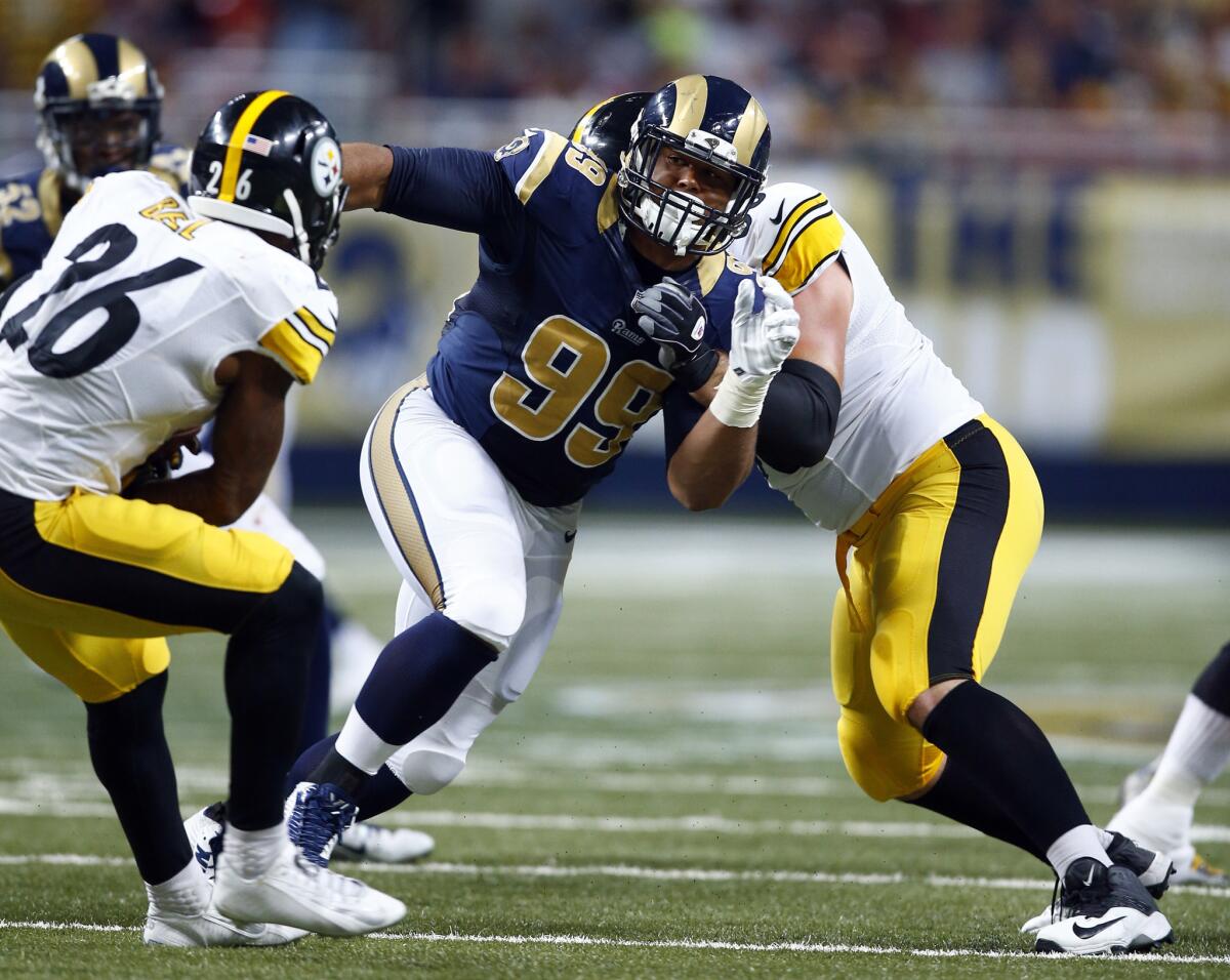 Rams defensive tackle Aaron Donald attacks the line of scrimmage during the third quarter of a game against the Pittsburgh Steelers on Sept. 27, 2015.