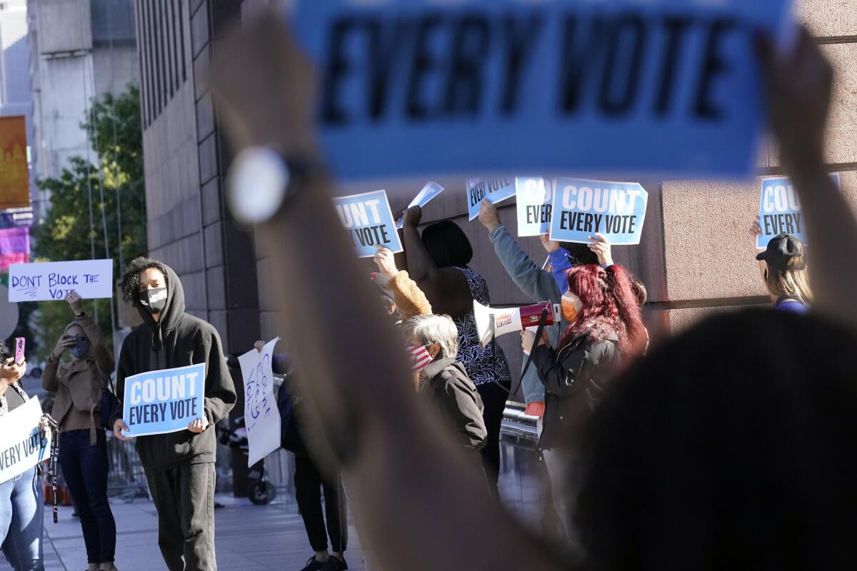Demonstrators hold "Count Every Vote" signs.
