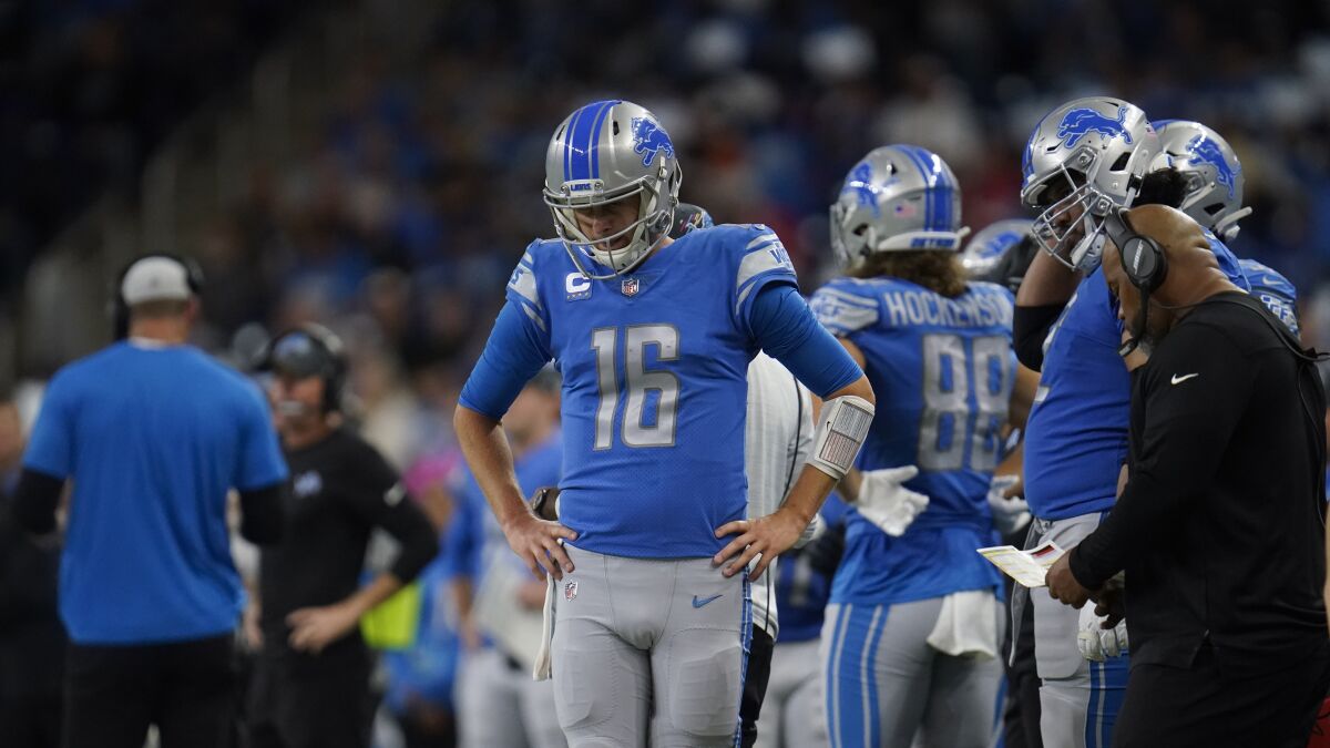 Lions quarterback Jared Goff stands on the sidelines during a loss to the Bengals on Sunday.