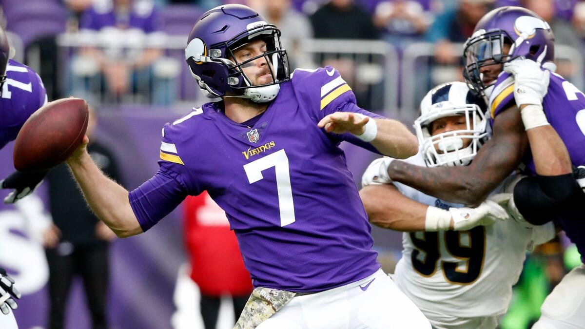 Minnesota Vikings quarterback Case Keenum throws a pass during the second half against the Los Angeles Rams.