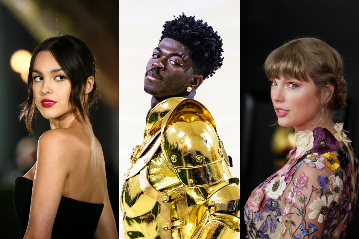 A collage of three music artists, Olivia Rodrigo, left, Lil Nas X and Taylor Swift.
