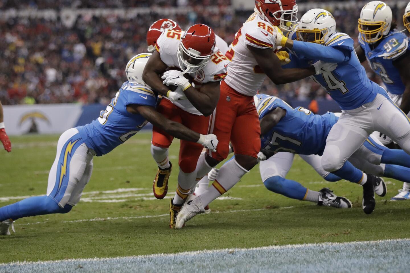 Chiefs running back LeSean McCoy scores a touchdown during the first half of a game against the Chargers in Mexico City.