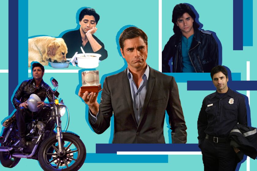 Blue, geometric photo collage of John Stamos in various roles throughout the years.