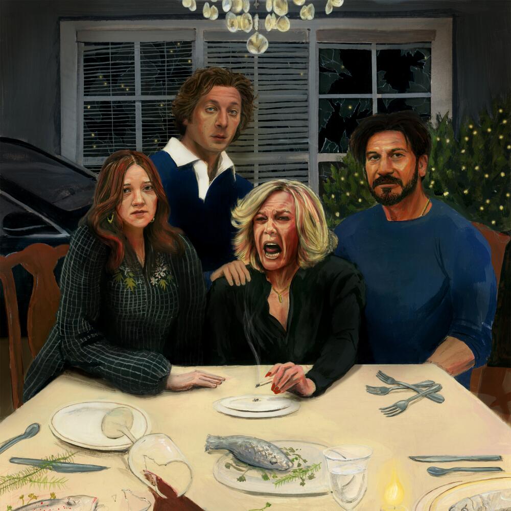 An illustration of the key "The Bear" cast gathered around a dining table with Jamie Lee Curtis screaming.