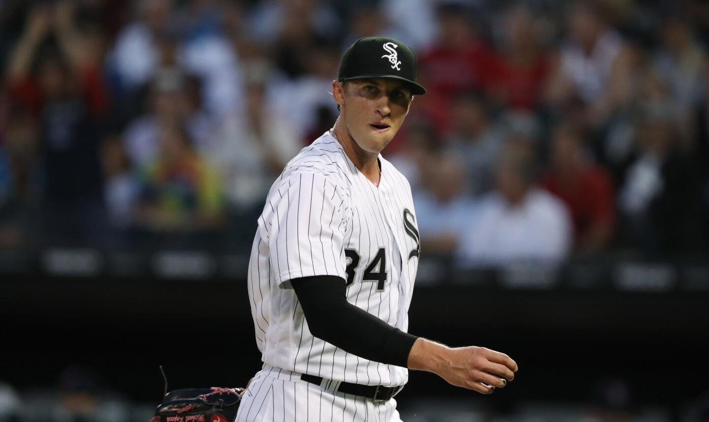 White Sox starting pitcher Michael Kopech heads to the dugout after throwing against the Red Sox in the first inning at Guaranteed Rate Field on Aug. 31, 2018.