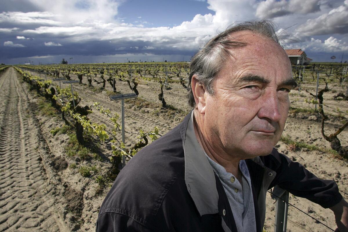California raisin farmer Marvin Horne stands in a field of grapevines planted in 1918 next to his home in Kerman.