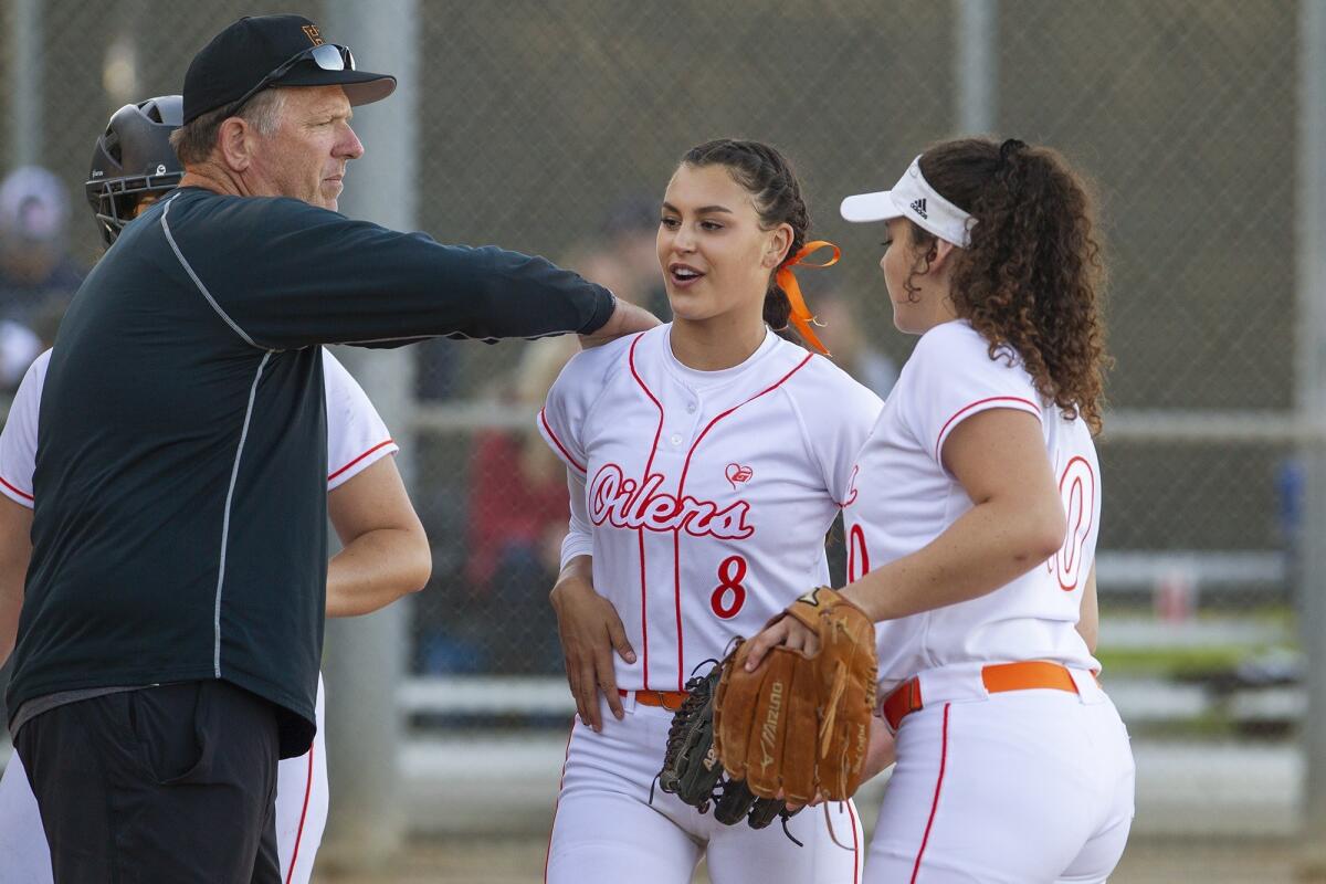 Jeff Forsberg coaches for Huntington Beach in a Surf League game against Marina in April 2019.