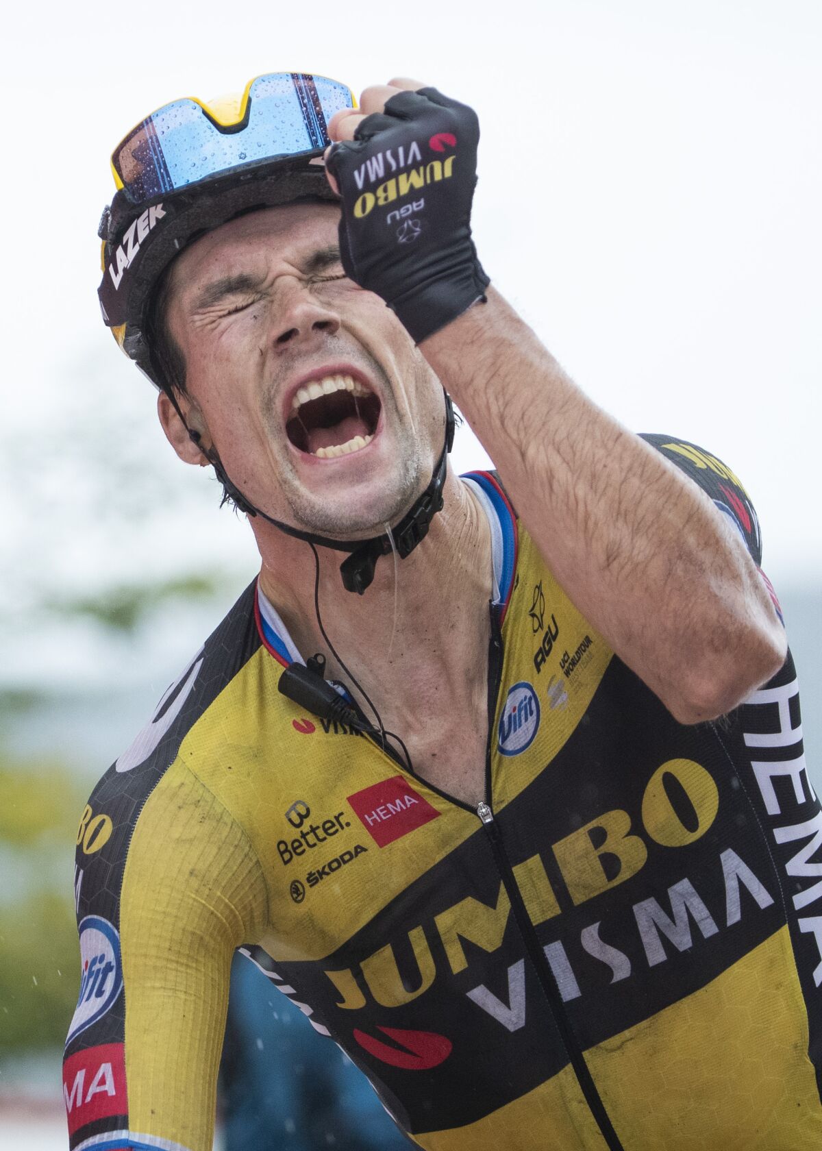 Primoz Roglic crosses the line to win the 17th stage of La Vuelta cycling race between Unquera and Lagos de Covadonga, Spain, Wednesday, Sept. 1, 2021. (AP Photo/Lalo R. Villar)