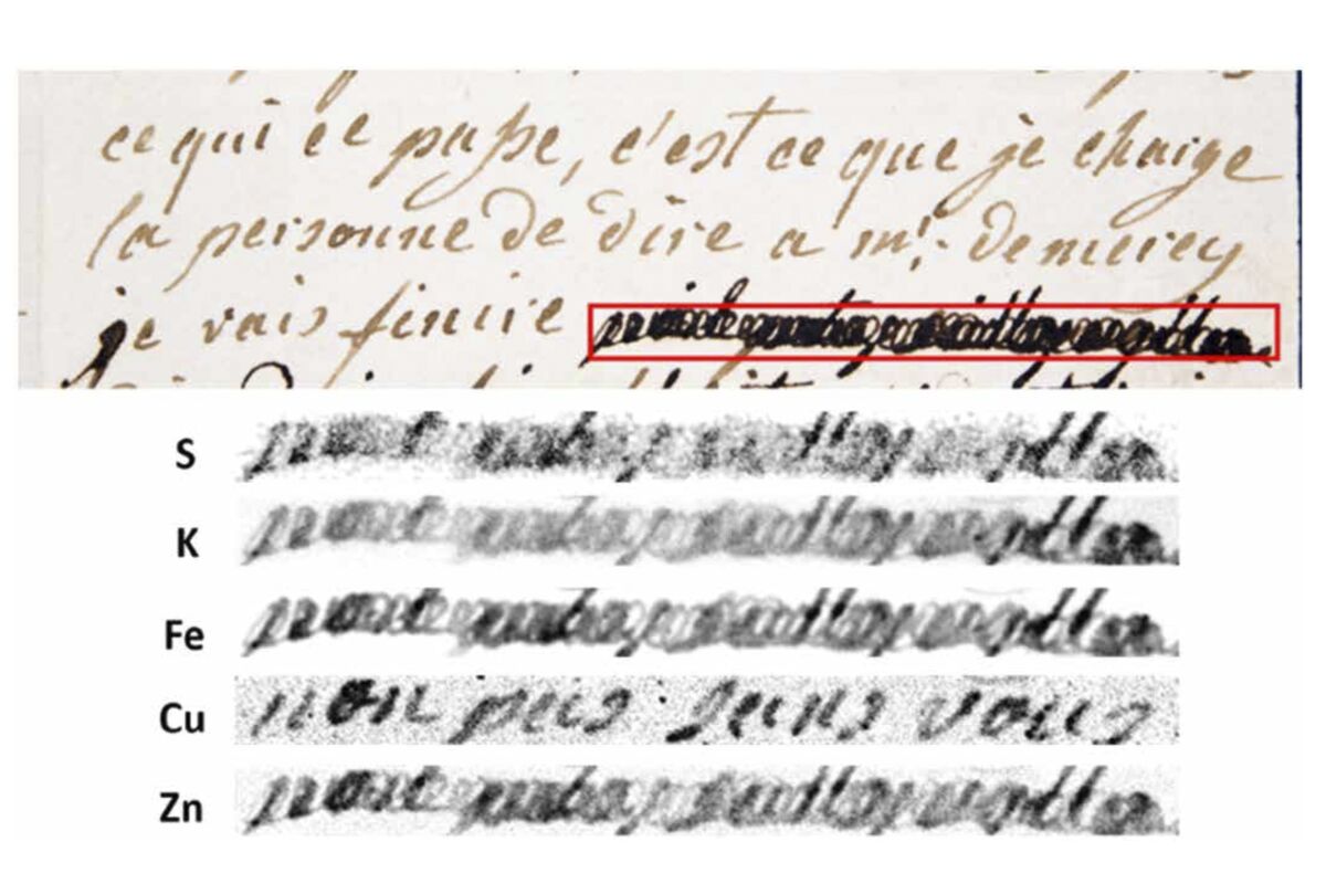This image provided by researchers shows a section of a letter dated Jan. 4, 1792 by Marie-Antoinette, queen of France and wife of Louis XVI, to Swedish count Axel von Fersen, with a phrase (outlined in red) redacted by an unknown censor. The bottom half shows results from an X-ray fluorescence spectroscopy scan on the redacted words. The copper (Cu) section reveals the French words, “non pas sans vous" (“not without you"). (Anne Michelin, Fabien Pottier, Christine Andraud via AP)