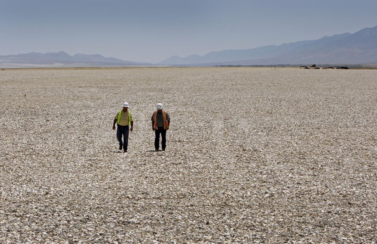 Employees with the L.A. Department of Water and Power walk on gravel in Owens Lake on the east side of the Sierra Nevada.