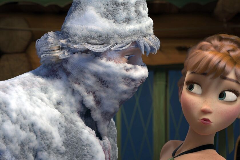 Fearless optimist Anna meets rugged-and snow-covered-mountain man Kristoff for the first time in Walt Disney Animation Studio's "Frozen."