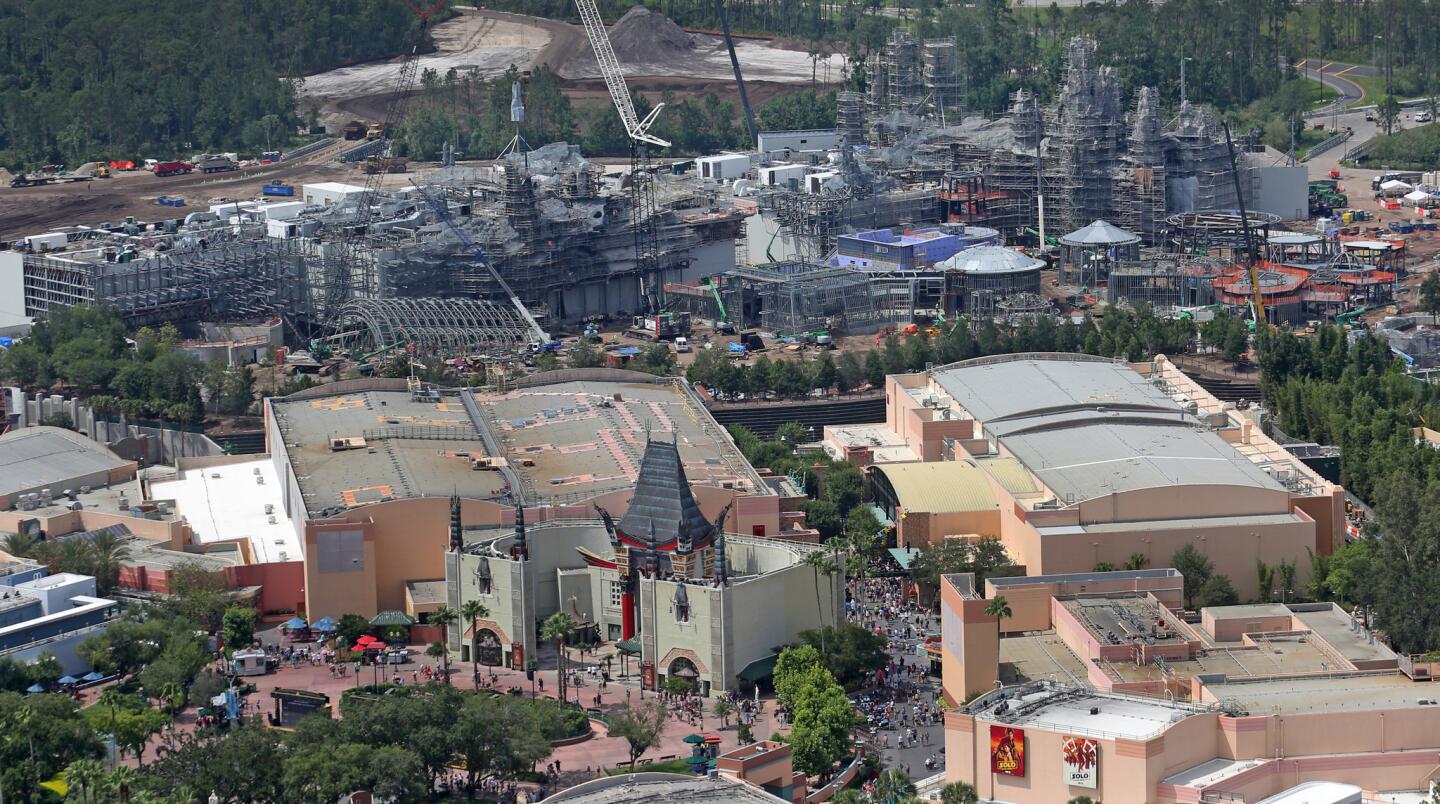 An aerial view of construction Tuesday, June 5, 2018 at Galaxy's Edge,background, an upcoming Star Wars-themed area being developed at Disney's Hollywood Studios at Walt Disney World in Orlando, Florida.(Red Huber/Staff Photographer)