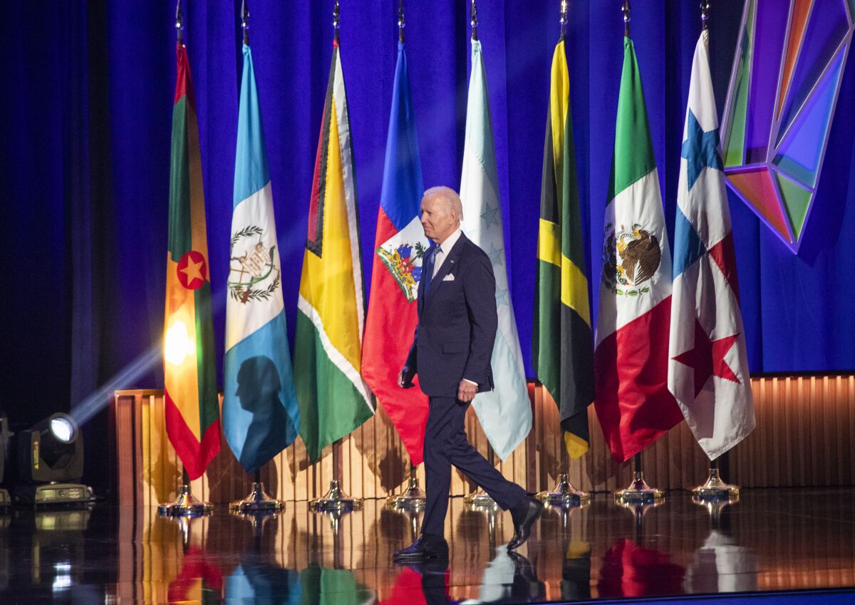President Joe Biden takes the stage at the the Summit of the Americas at the Microsoft Theater in Los Angeles