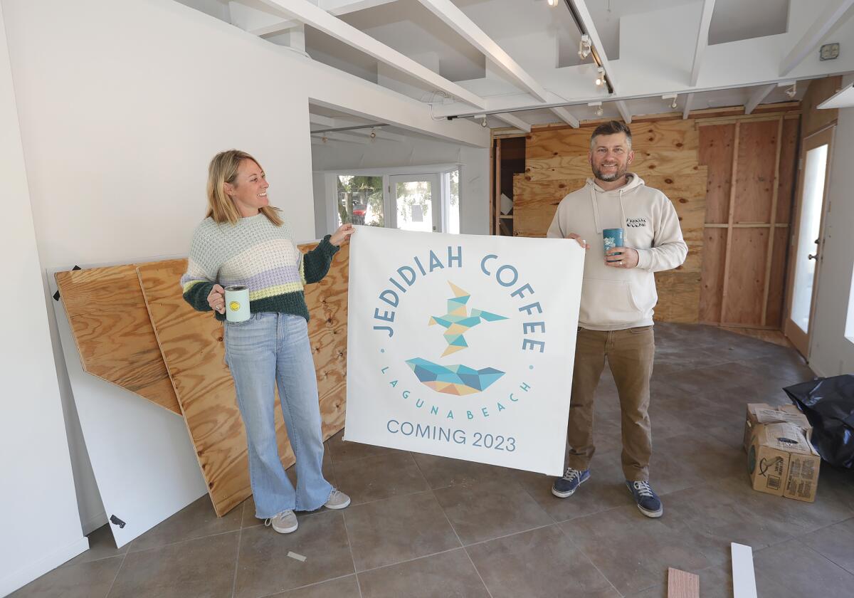 Laguna Beach residents Steve and Embry Munsey stand in the space that will be Jedidiah Coffee in North Laguna.