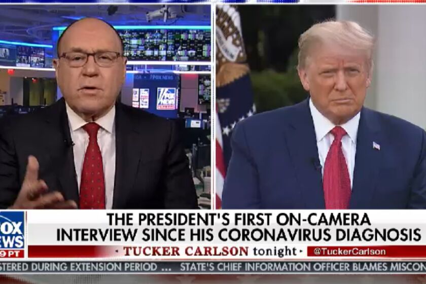 Dr. Marc Siegel and President Donald Trump in an on camera video played on the Tucker Carlson Tonight show, Oct. 9, 2020. This is the first time President Trump has appeared for an on camera interview after being diagnosed with COVID-19. Credit: FOX News Channel's Tucker Carlson Tonight