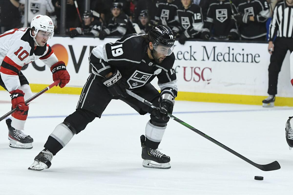 Kings right wing Alex Iafallo skates against the New Jersey Devils.