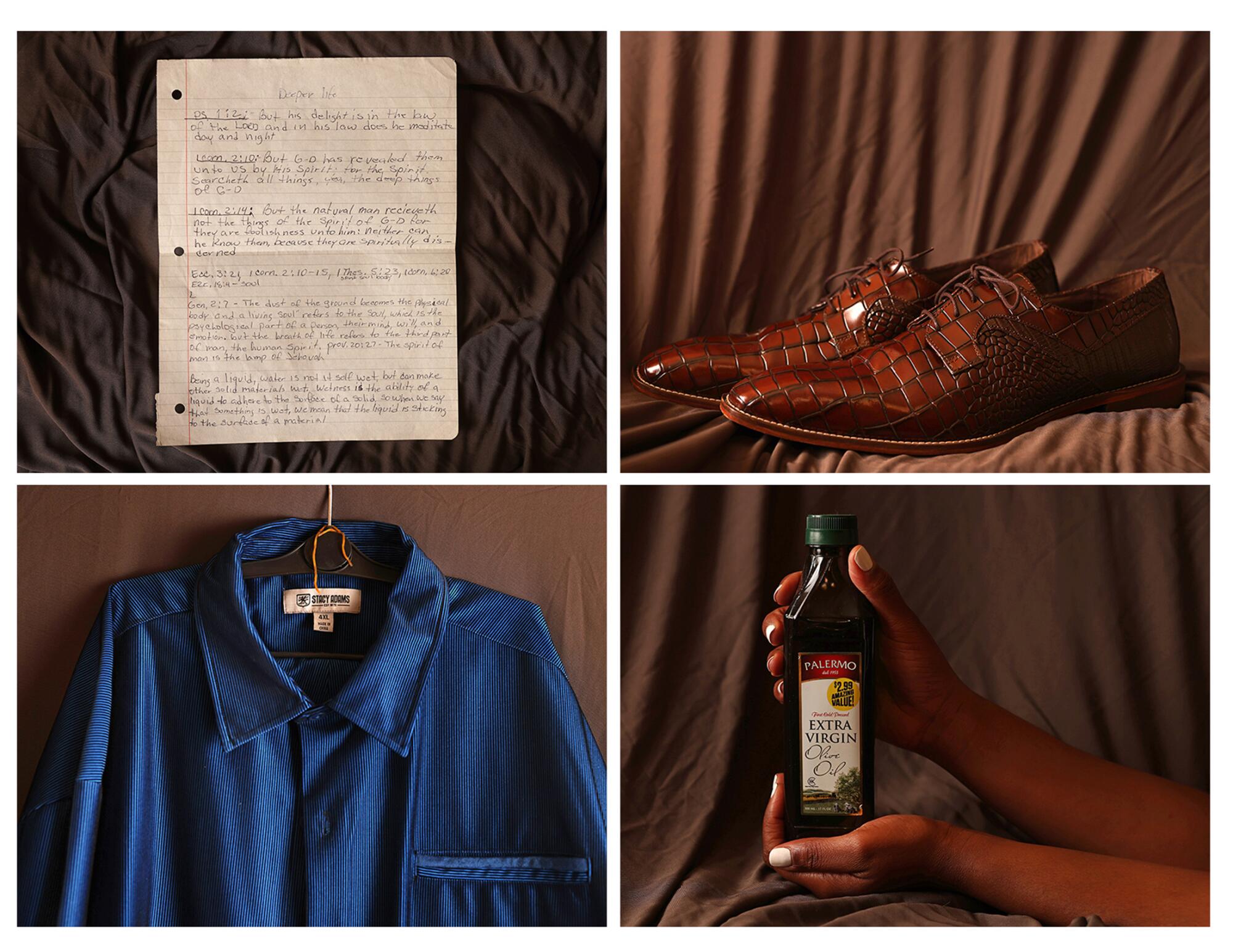 Four photos: a page of handwritten notes, a pair of brown shoes, a blue collared shirt, and a bottle of olive oil