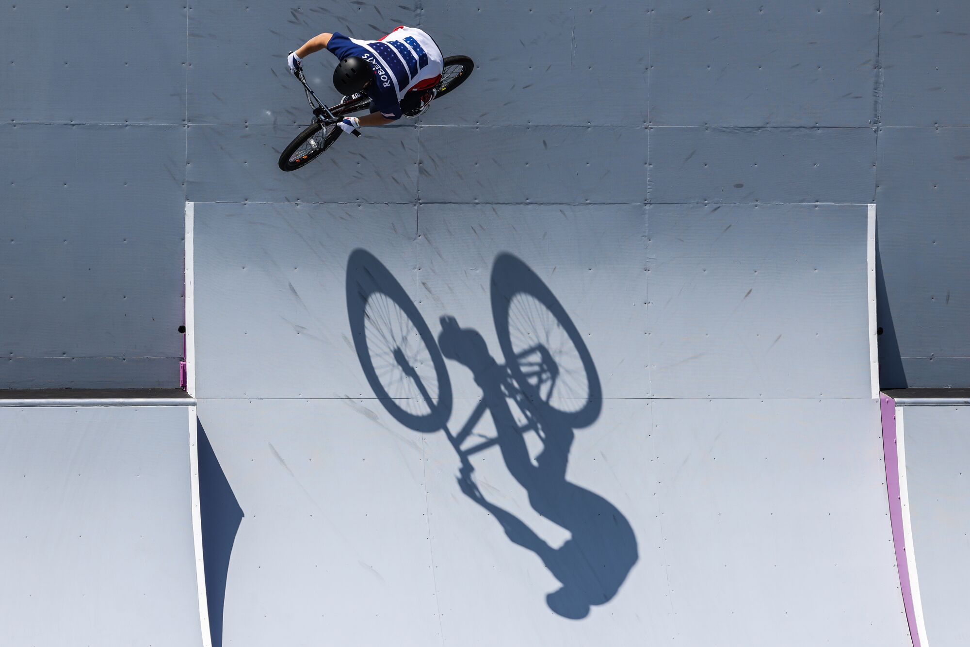 USA rider Hannah Roberts in her first run at the Women's BMX Freestyle Finals.