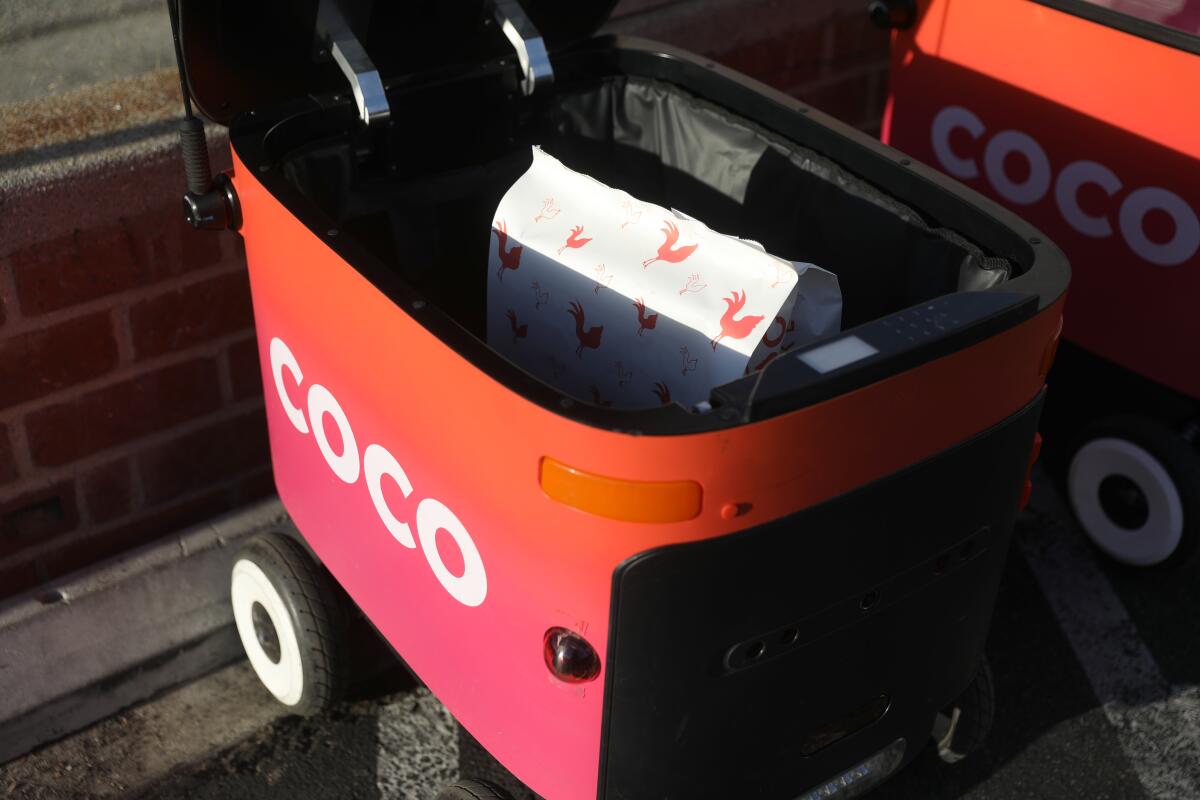 An order of Main Chick Hot Chicken to be delivered by a Coco robot