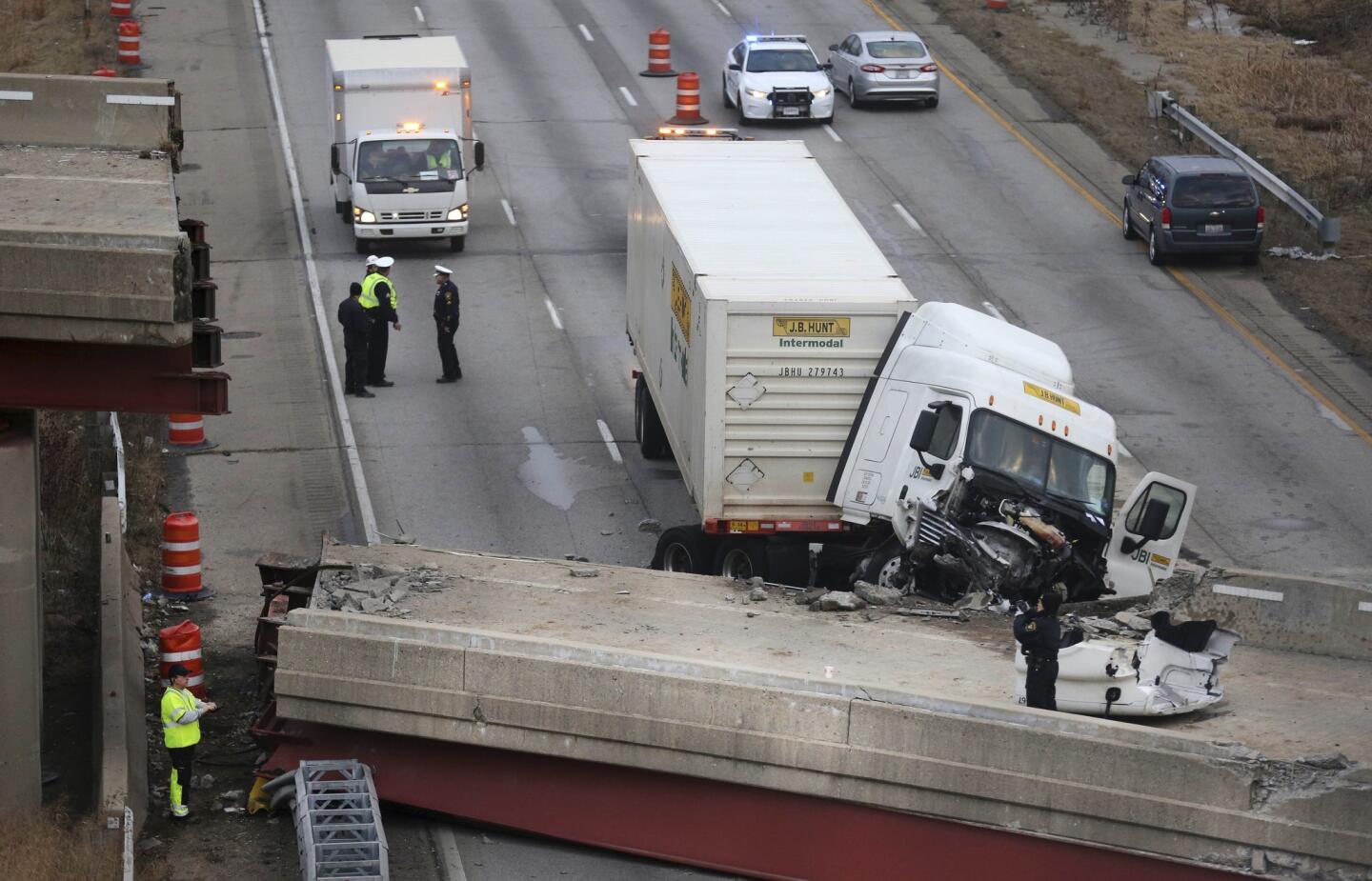 The aftermath of a bridge collapse on Interstate 75, Tuesday, Jan. 20, 2015 in Cincinnati, Ohio.