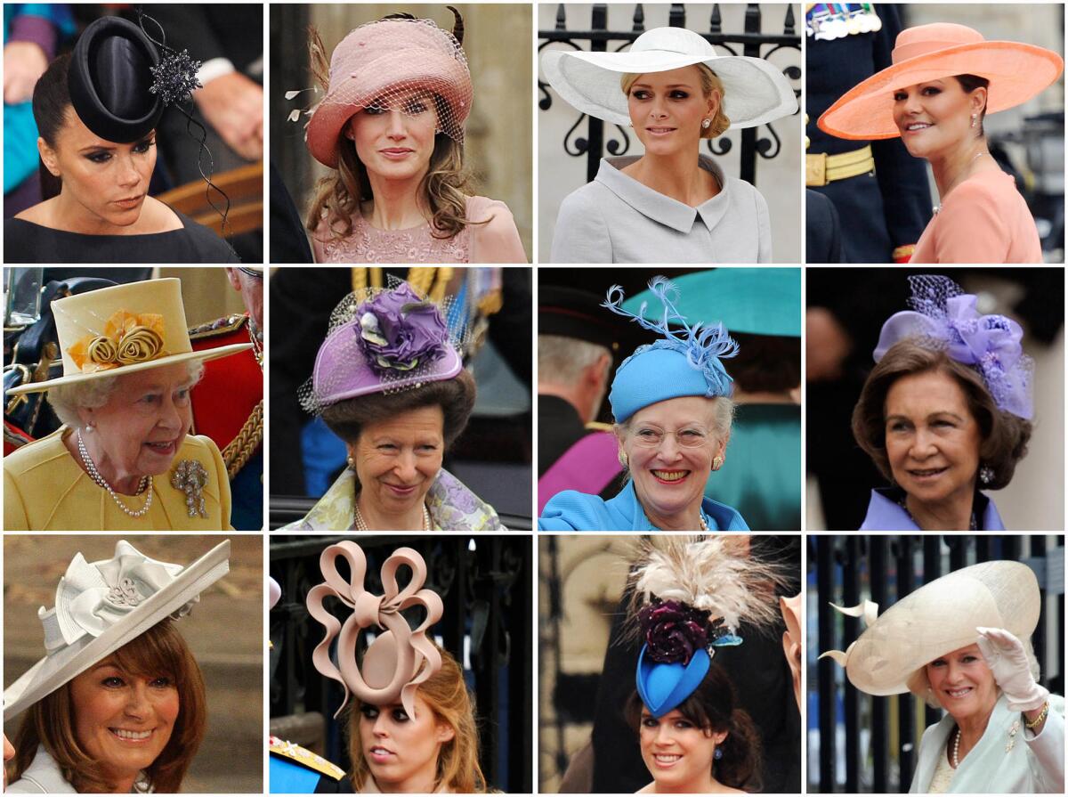 Montage of hats worn for the wedding ceremony of Prince William and Kate Middleton.