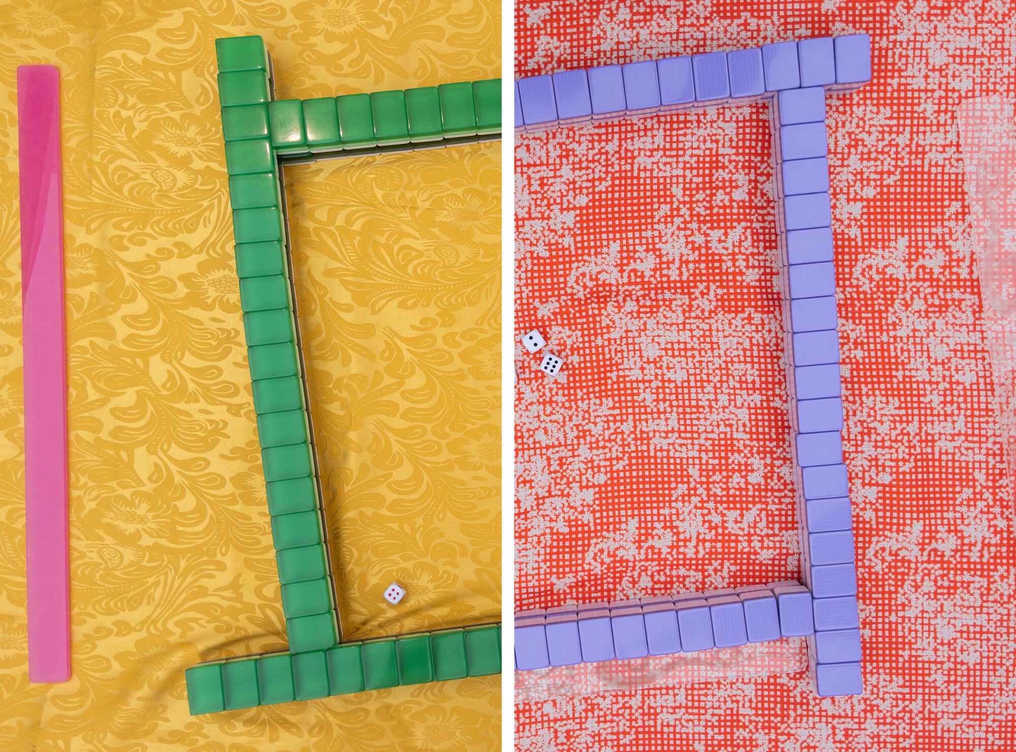 Mah-jongg tiles, on two different tables, ready for the next game.
