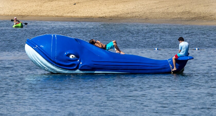 Two young people atop a fake floating whale in calm ocean water. 
