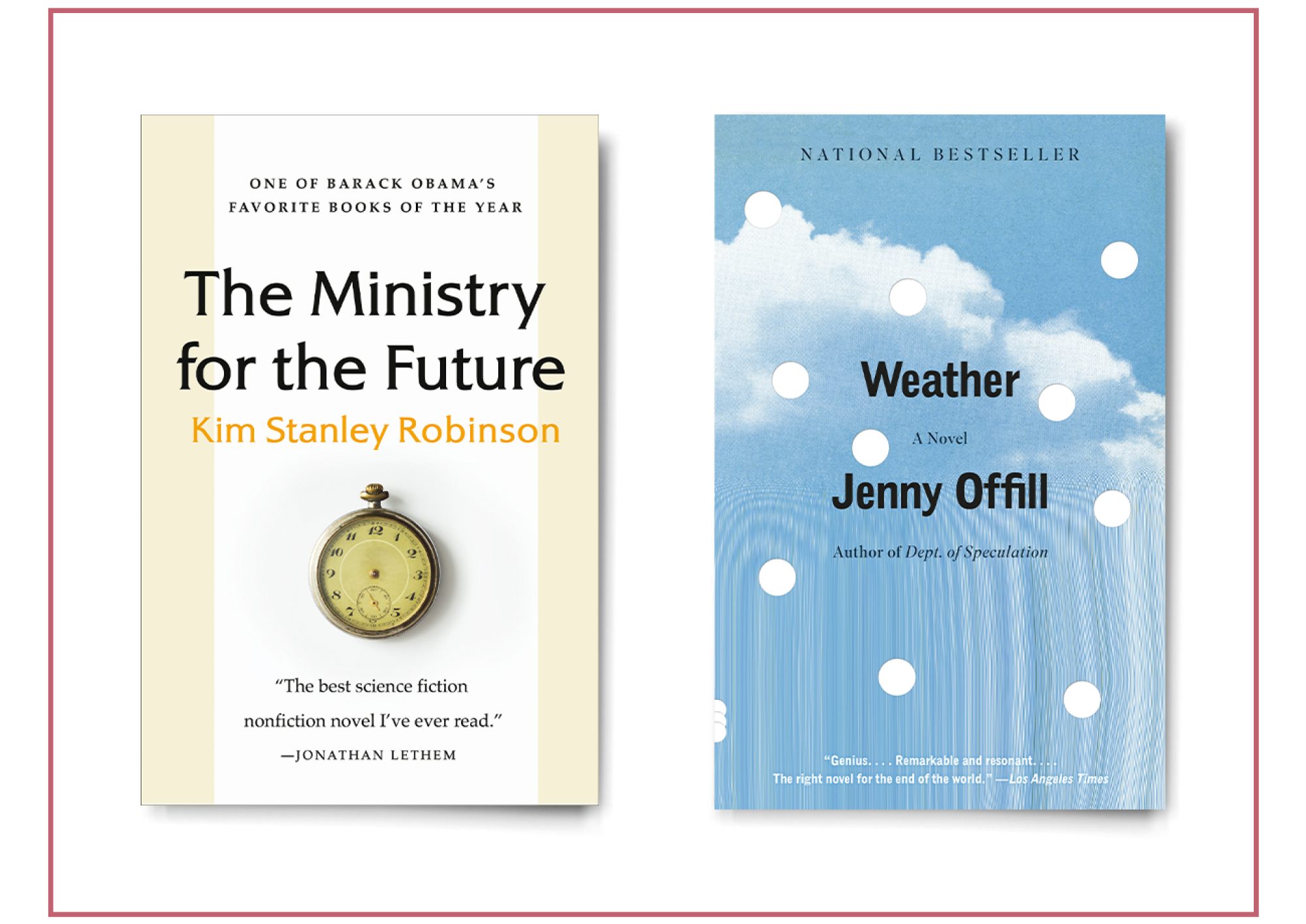 Book covers: "The Ministry for the Future" and "Weather"