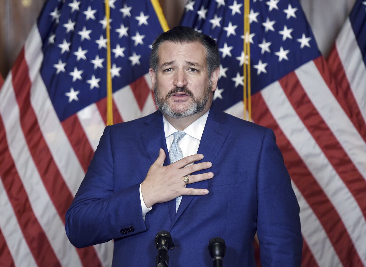 FILE - Sen. Ted Cruz, R-Texas, speaks during a press conference after the Senate voted to confirm Amy Coney Barrett to the Supreme Court, Oct. 26, 2020, in Washington. (Olivier Douliery/Pool via AP, File)