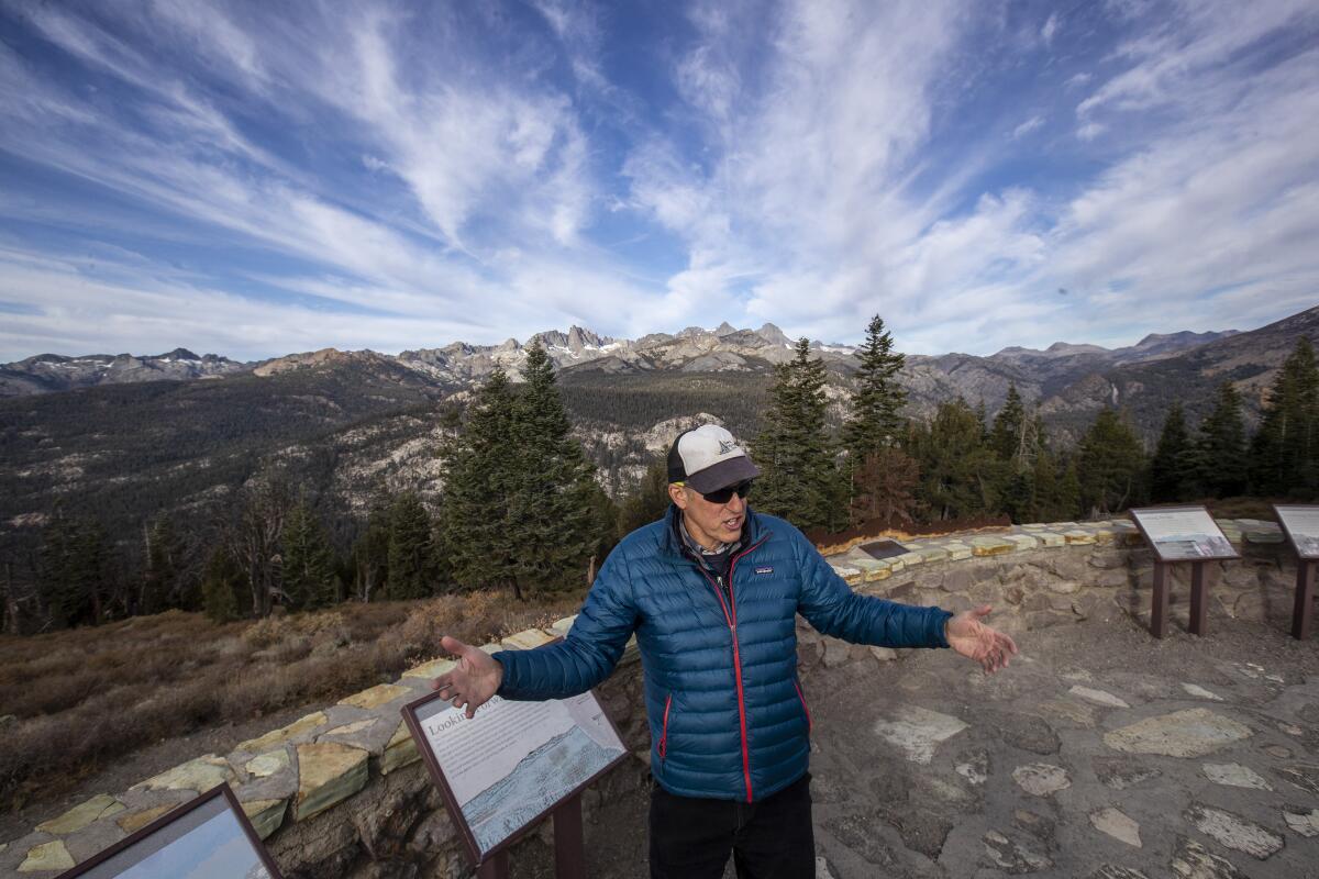  Mammoth Lakes Councilman John Wentworth, who is president of Mammoth Lakes Trails and Public Access, talks about sustainable recreation and tourism in the Eastern Sierra at Minaret Vista in Mammoth Lakes.