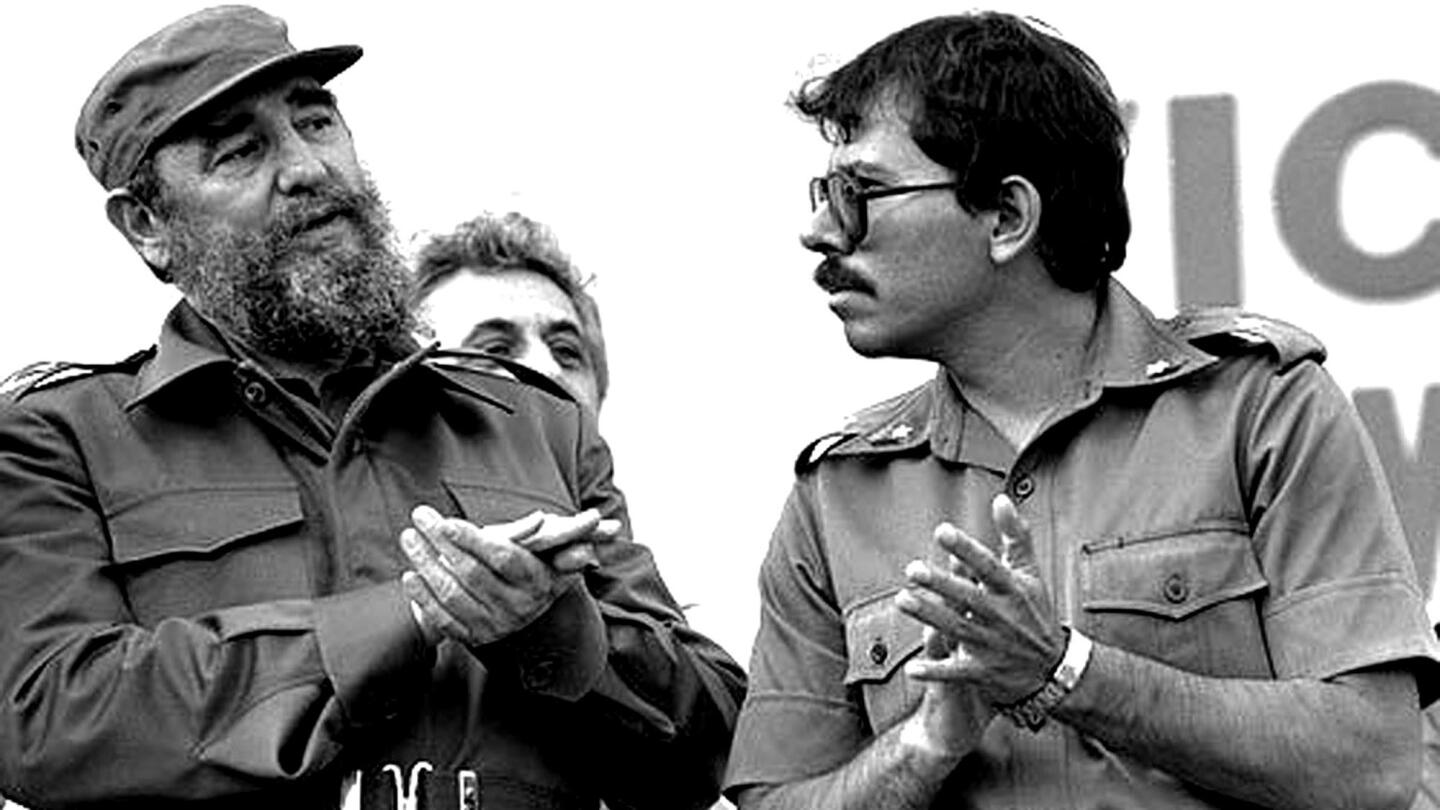 Fidel Castro with Nicaragua's President Daniel Ortega at the opening of a sugar processing plant in the Central American country. Cuban workers built the facility.