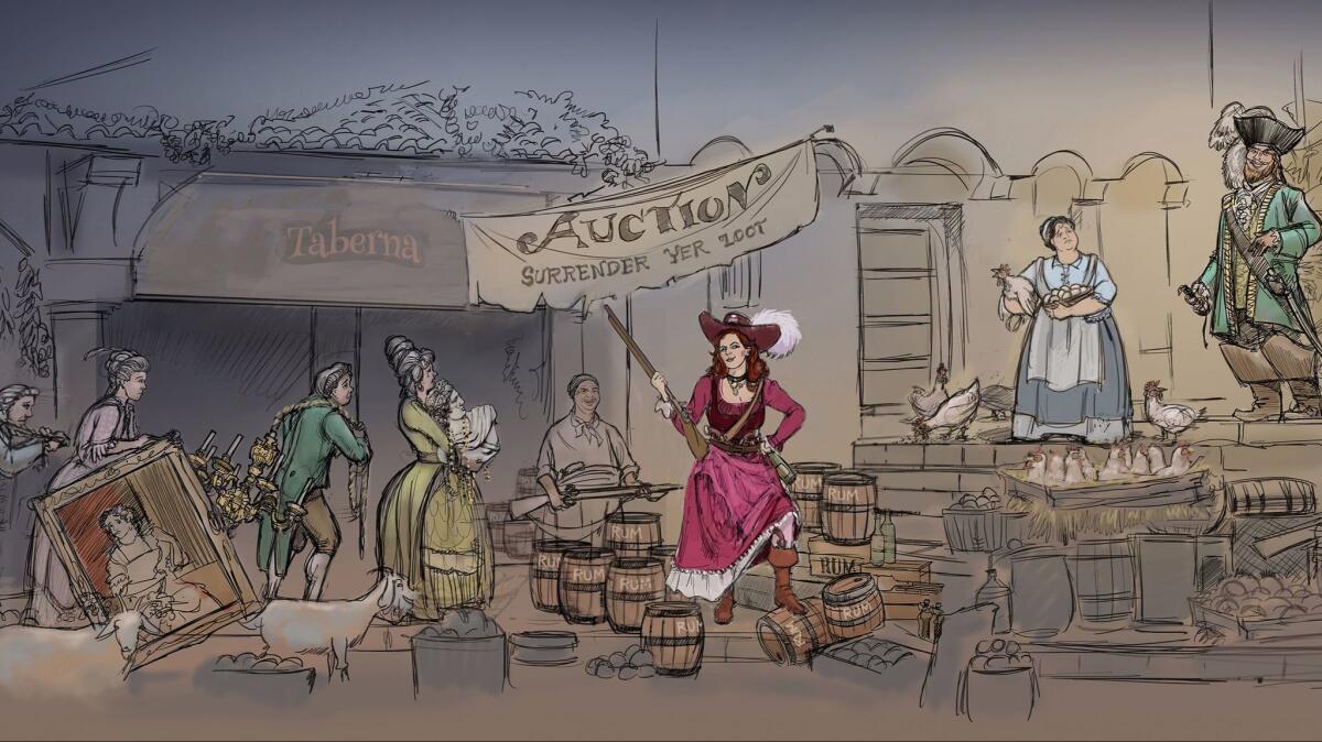 An artist's rendering of the scene that will replace the bride auction on Pirates of the Caribbean at Disneyland. (Walt Disney Co.)
