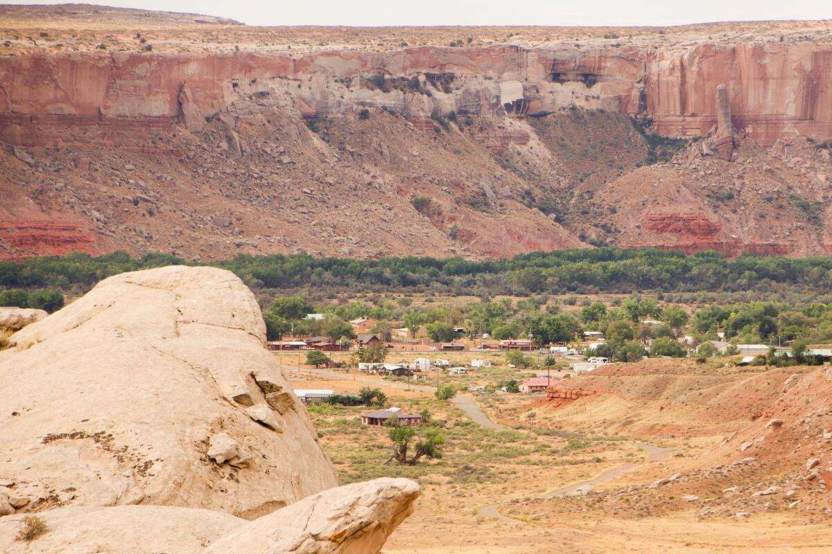 The small town Bluff, Utah, population 300, is visible from the mesa above the Cottonwood Wash.