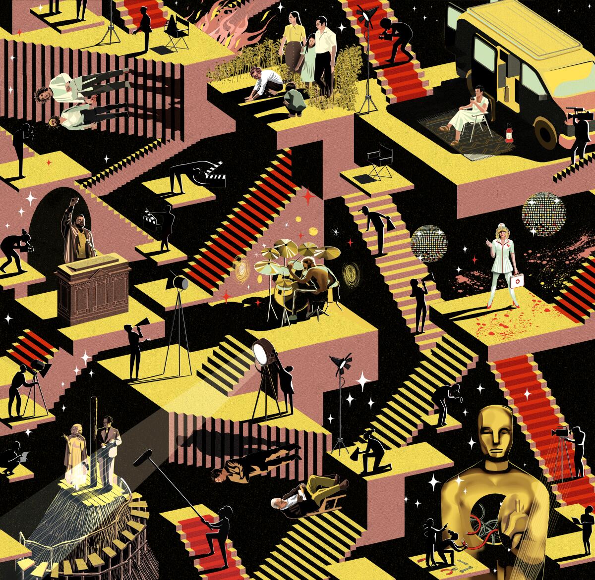 An illustration shows staircases, some with red carpets, an Oscar statuette, presenters, lights, mikes.