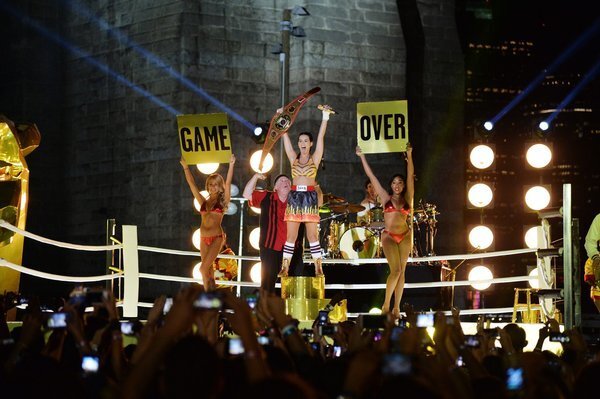 Katy Perry performs as the closing act during the 2013 MTV Video Music Awards in Empire-Fulton Ferry Park in the shadow of the Brooklyn Bridge.
