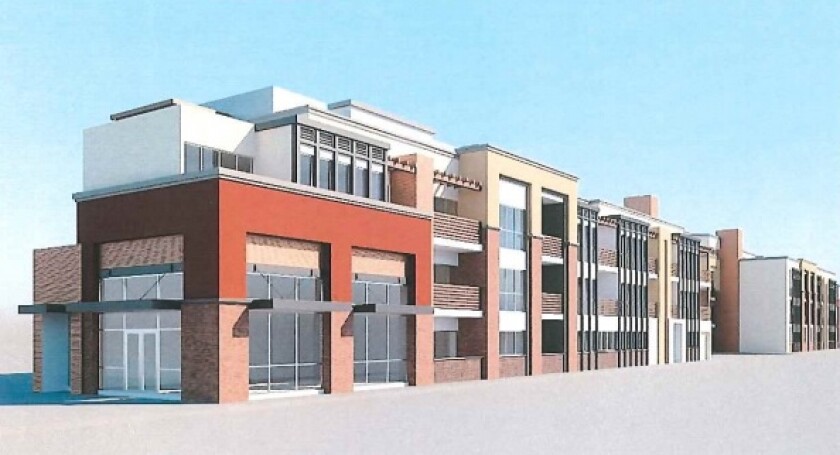 A rendering shows a proposed development that would have added a four-story building with 48 residential units and a coffee shop to the corner of Ellis Avenue and Beach Boulevard in Huntington Beach.
