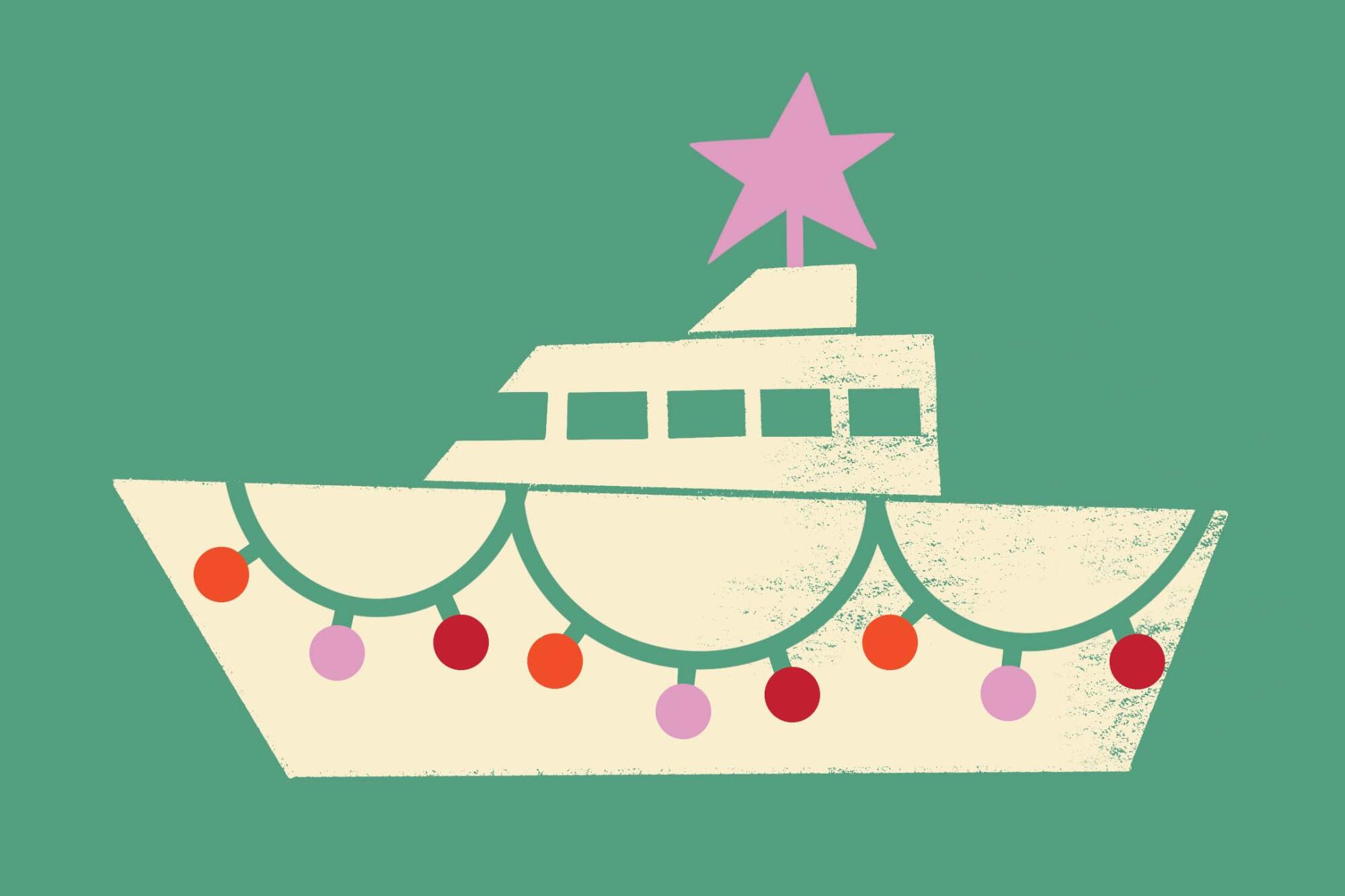 Illustration of a boat with Christmas lights on it