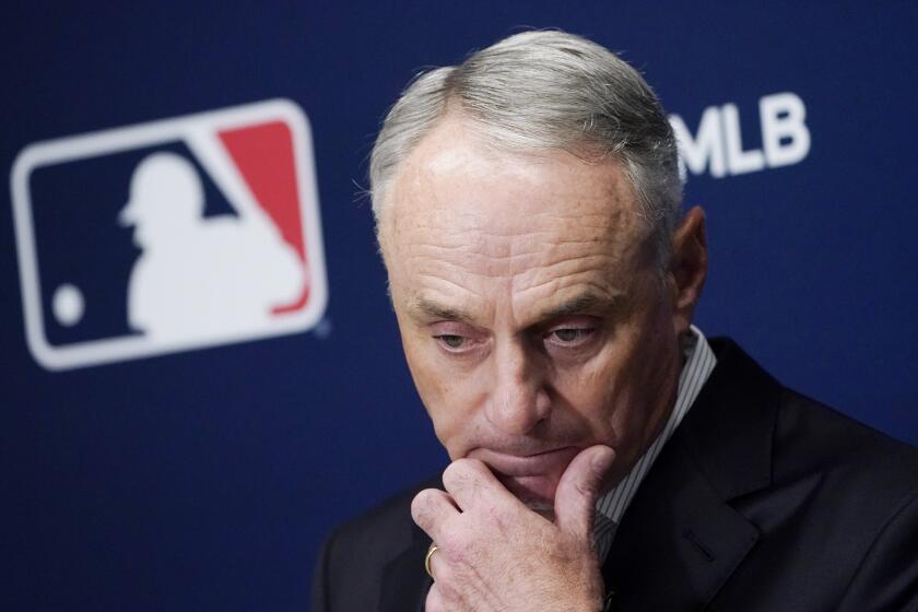 Major League Baseball Commissioner Rob Manfred speaks to members of the media following an owners' meeting, Thursday, June 15, 2023, at MLB headquarters in New York. (AP Photo/John Minchillo)