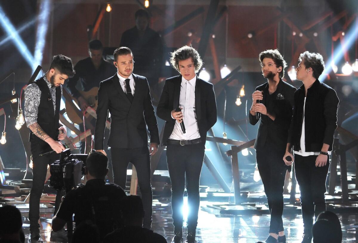 From left are One Direction singers Zayn Malik, Liam Payne, Harry Styles, Louis Tomlinson and Niall Horan.